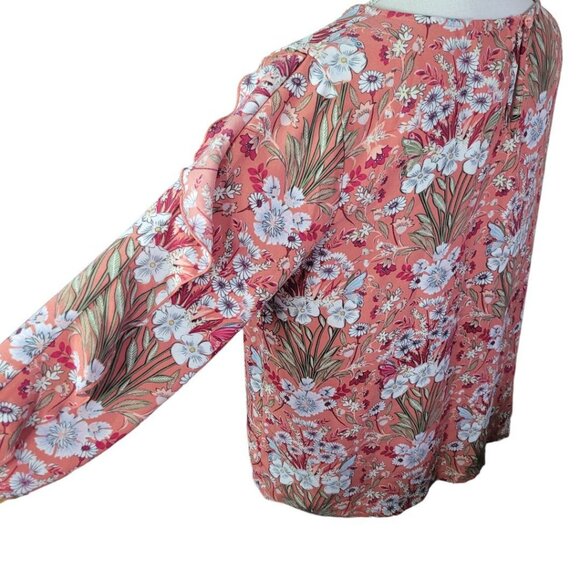 Lauren Conrad Floral Pink Sheer Long Sleeve Blouse Womens Large Ruffle Arm - Picture 6 of 12
